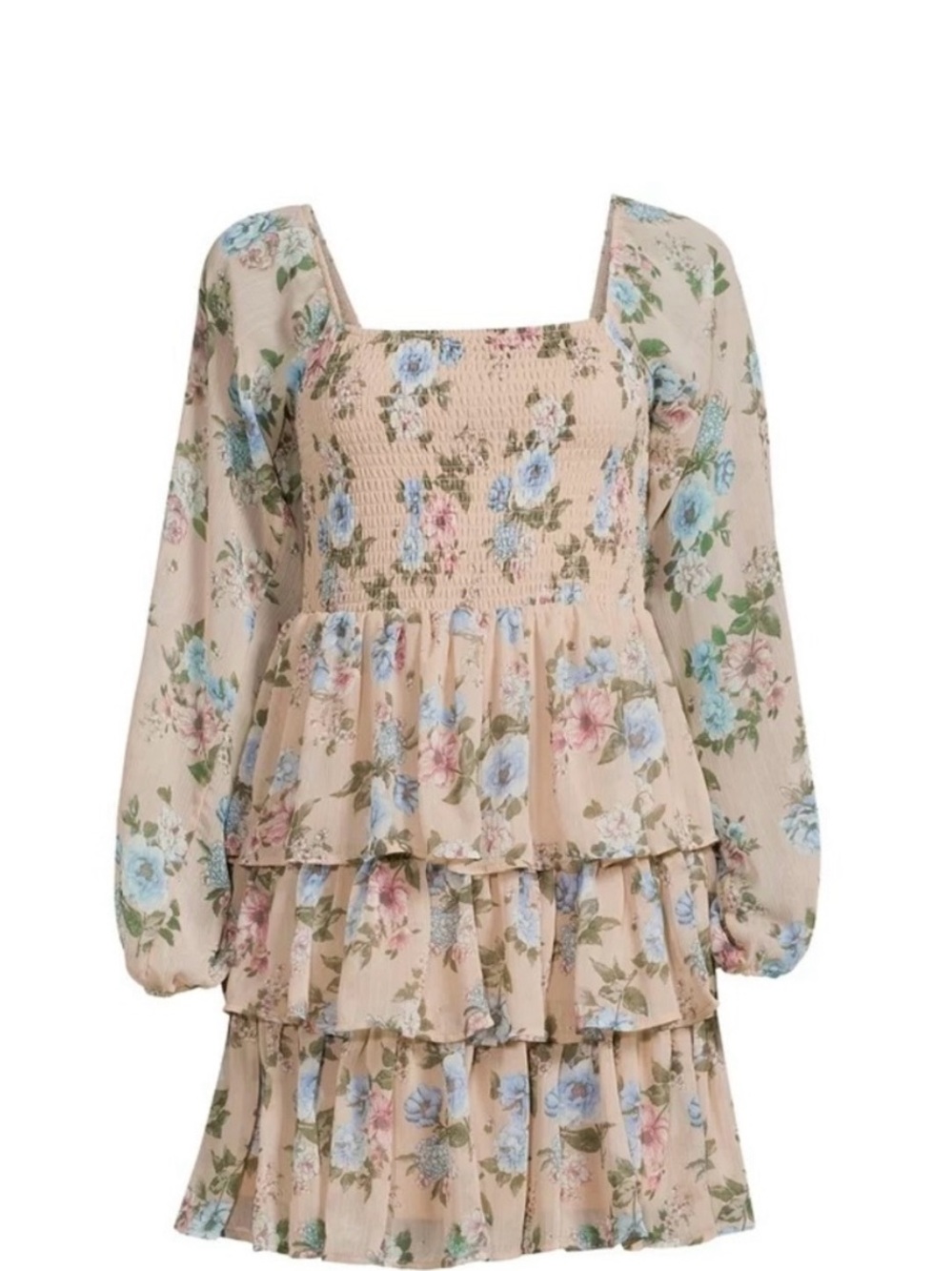 Floral Tiered Long-Sleeve Dress in Beige with Blue & Pink Blooms